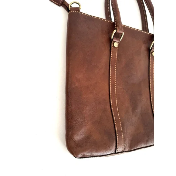 Persaman Work Tote Bag Brown Leather Top Zip Double Handles Crossbody Strap